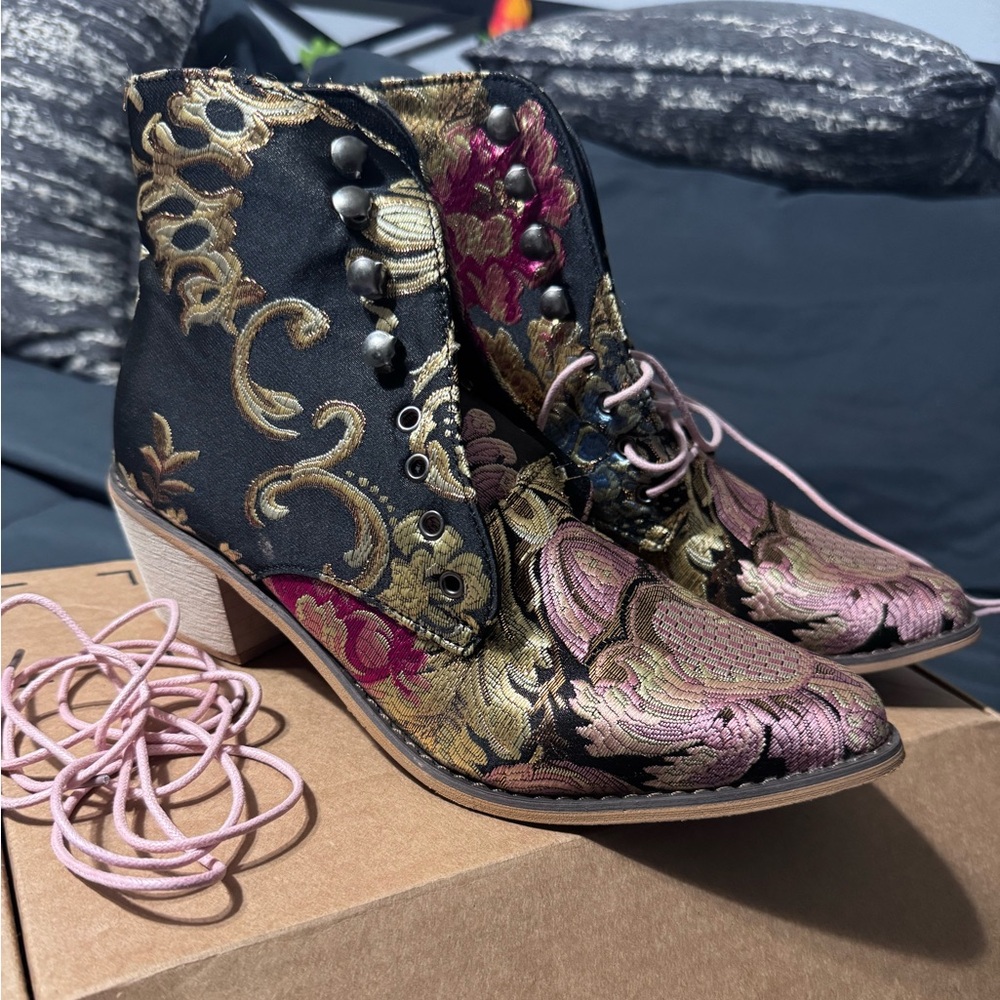 Embroidered Floral Ankle Boots in Black and Pink